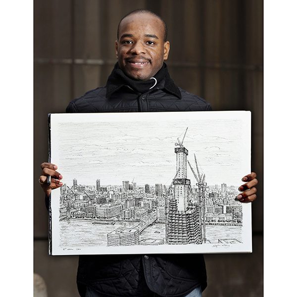 Stephen Wiltshire with his London Panorama artwork printed by Giclee London