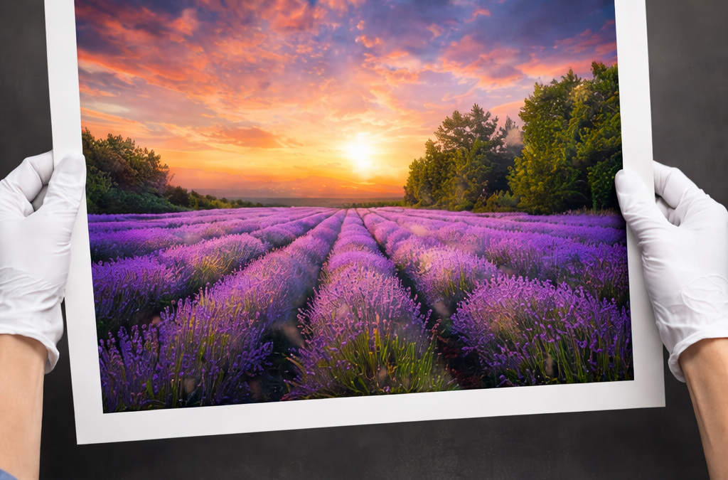 Hands in white gloves holding a print of a lavender field at sunset