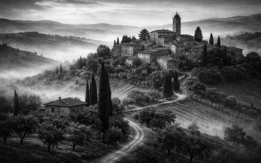 Hilltop village with a church tower above winding country lanes and misty Tuscan hills