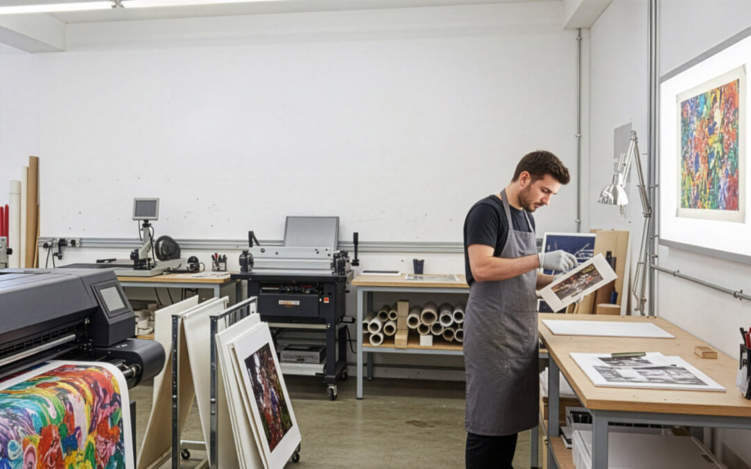 Printmaker inspecting a print in a studio with large-format printers and mounted artwork