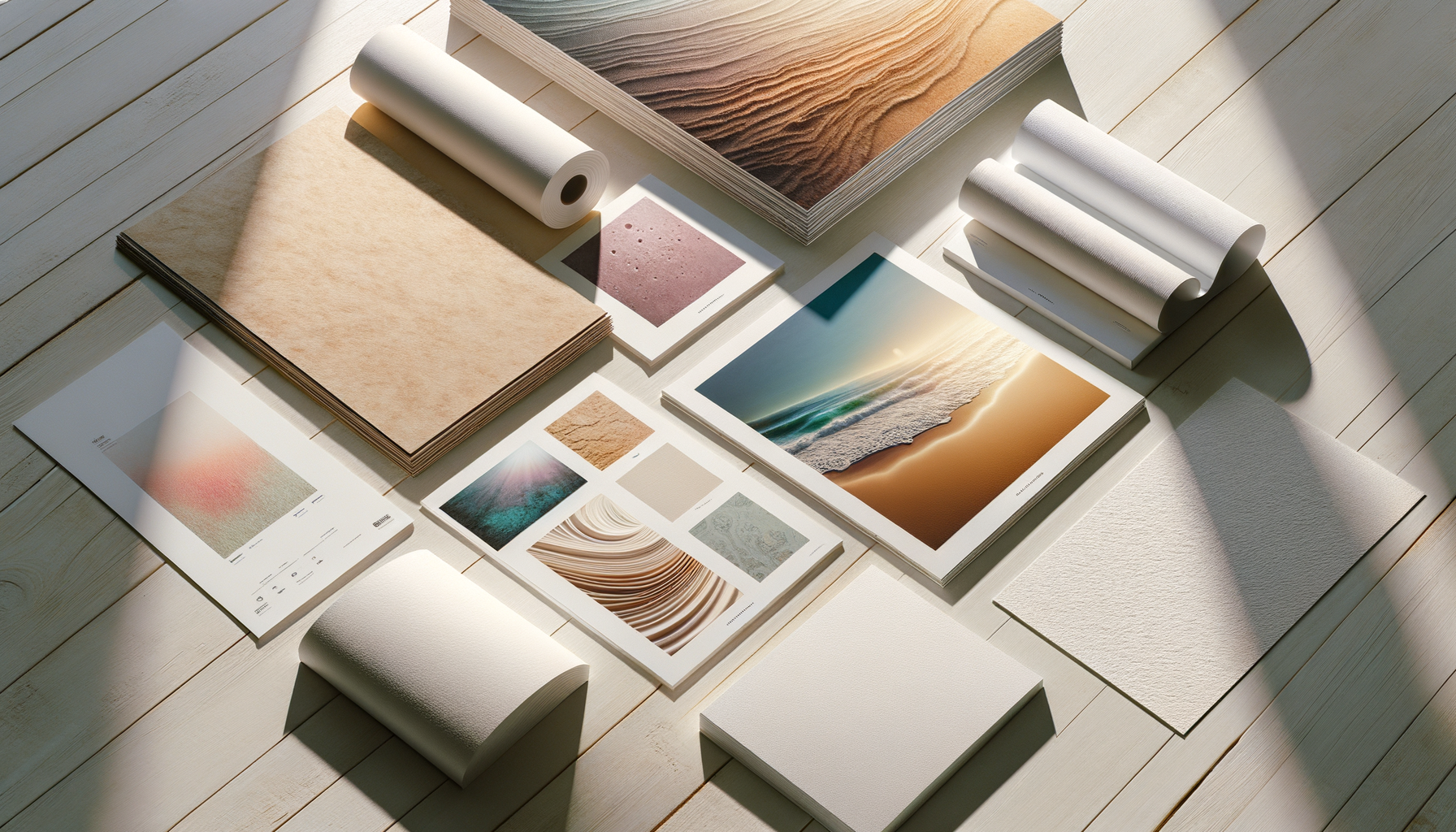 Fine art paper samples showing Hahnemühle and cotton rag options for giclée printing