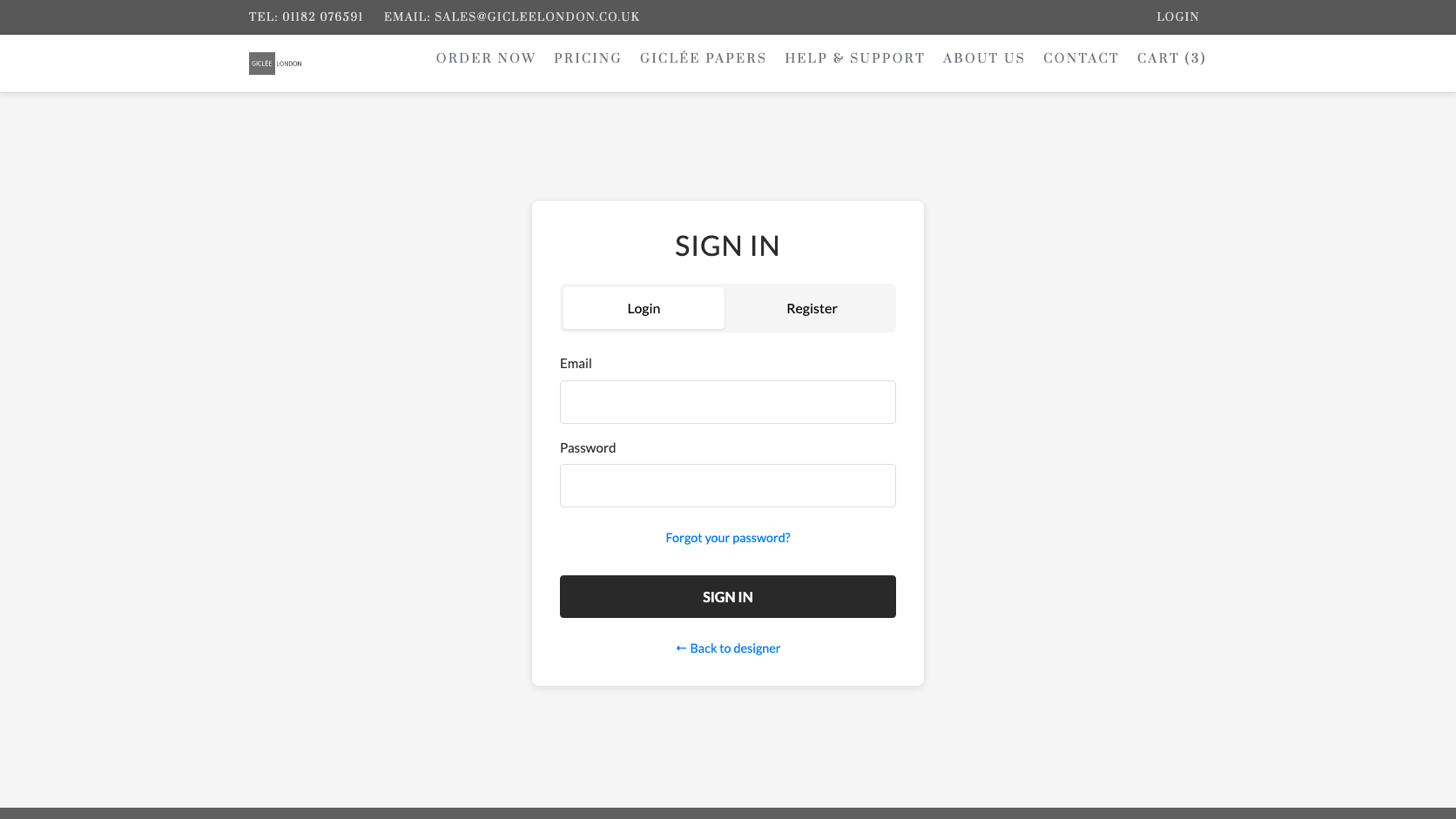 Giclée London customer login and registration screen