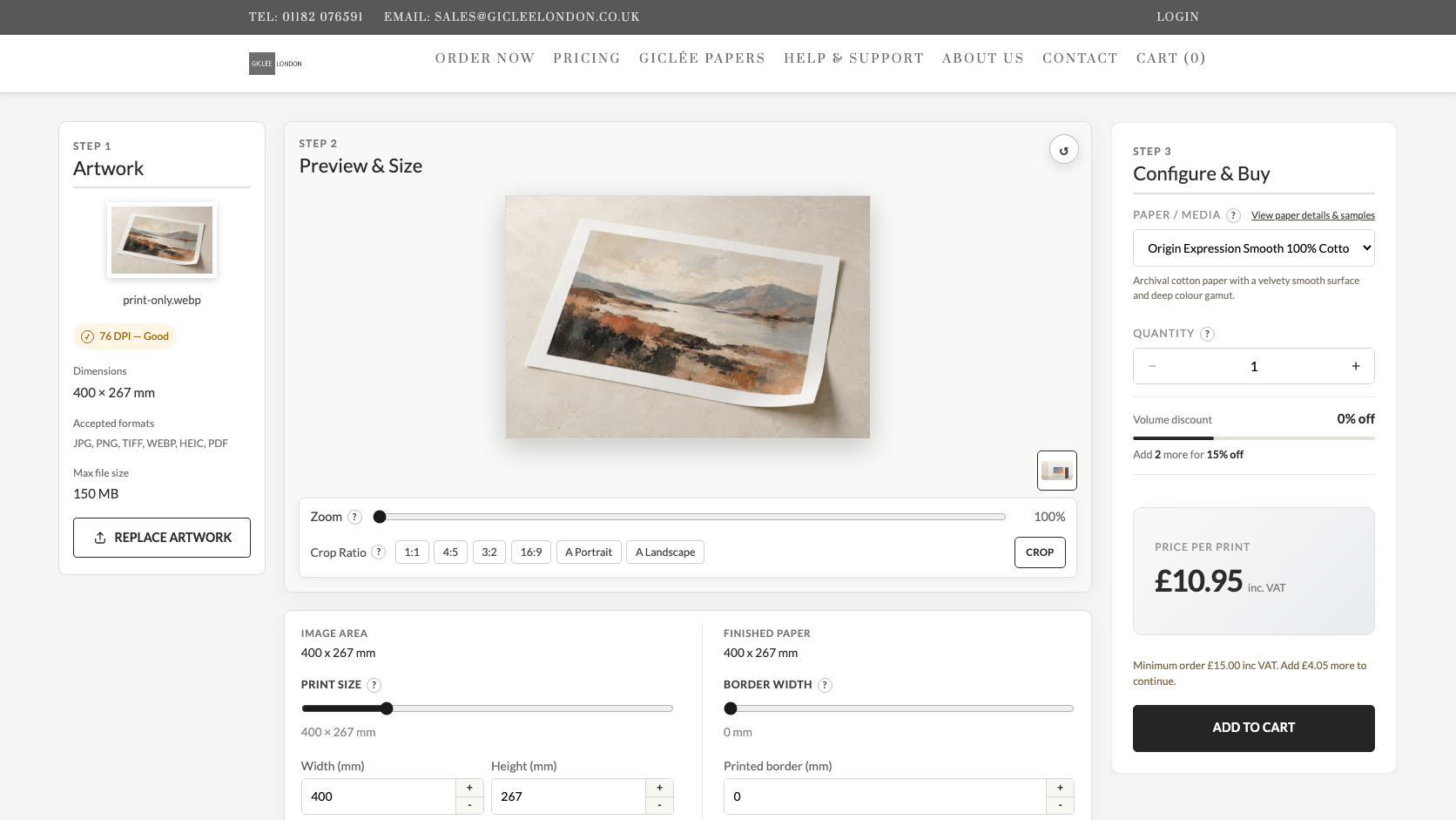 Fine art print preview with size, crop, paper, quantity and price controls