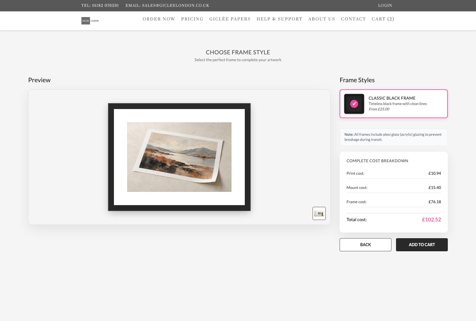 Framed artwork preview with frame style and complete cost breakdown