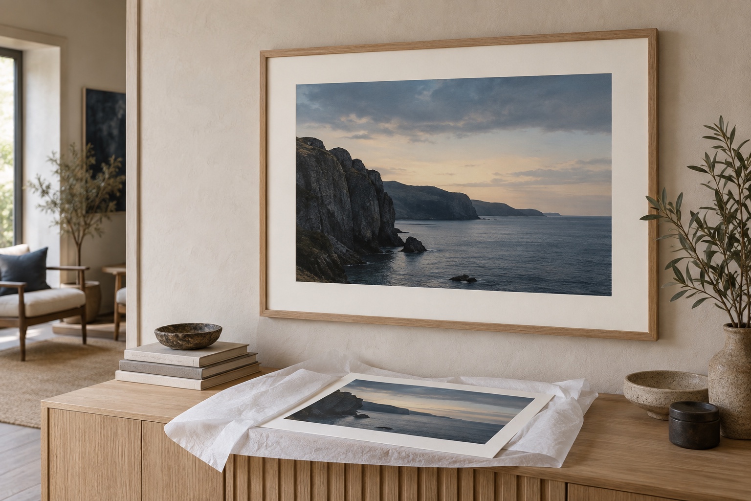 A limited edition print in a natural oak frame with an acid-free mount and another print protected in archival tissue