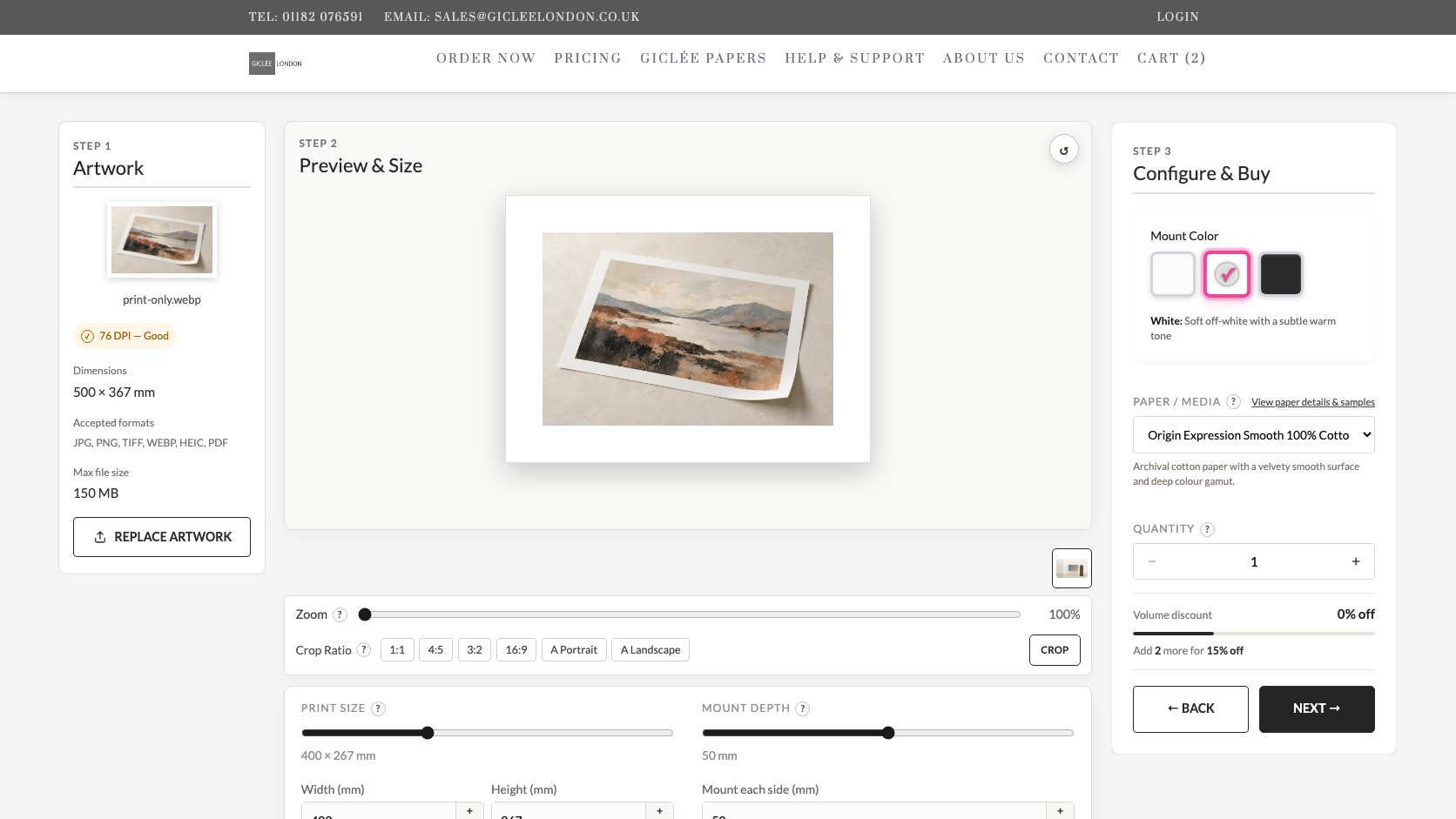 Framed print configuration with artwork placement, mount and paper controls