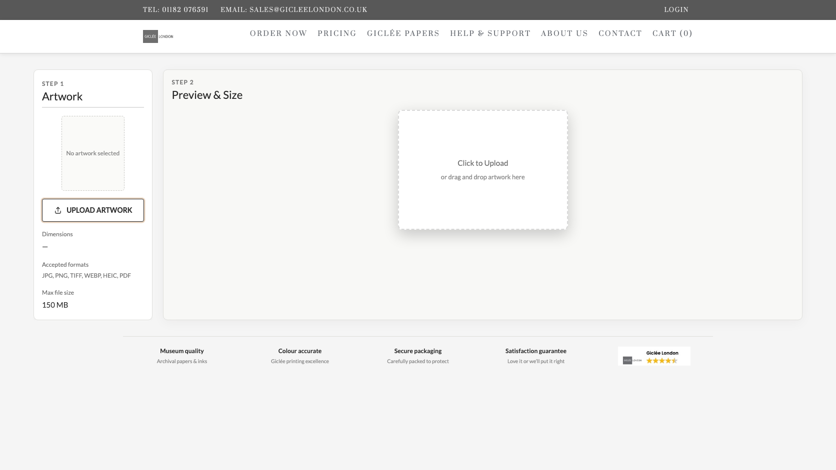 Artwork upload screen accepting JPG, PNG, TIFF, WebP, HEIC and PDF files
