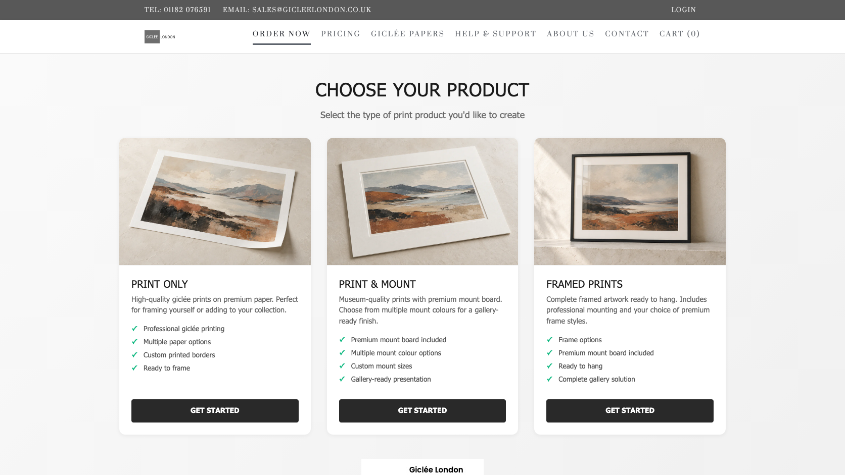 Giclée London online print designer showing print only, print and mount, and framed print options