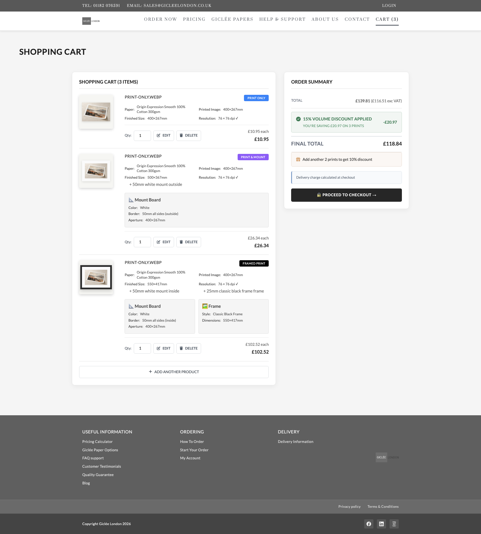 Shopping basket containing print-only, mounted and framed artwork products