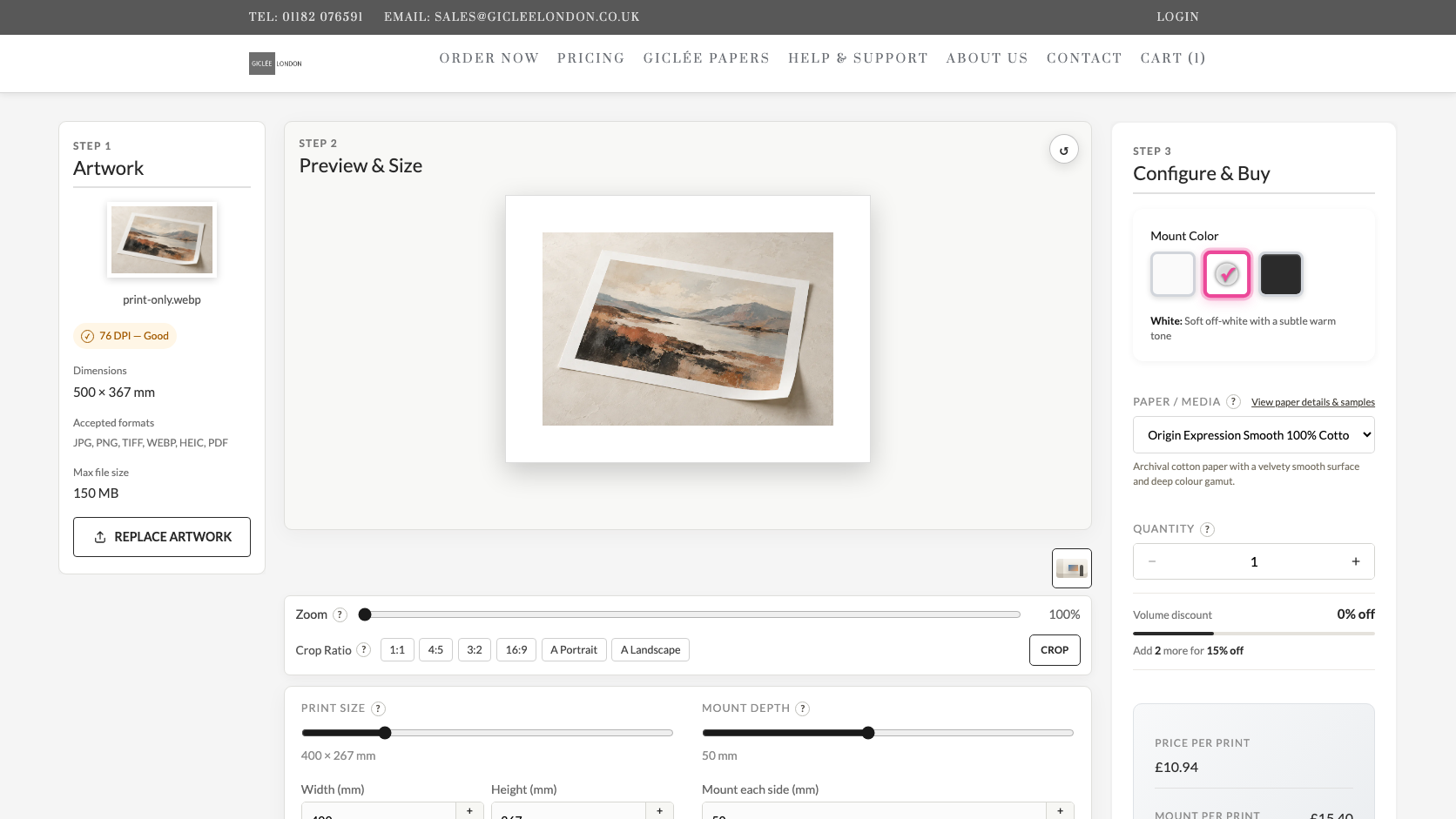 Print and mount preview with mount colour, depth, paper and quantity options