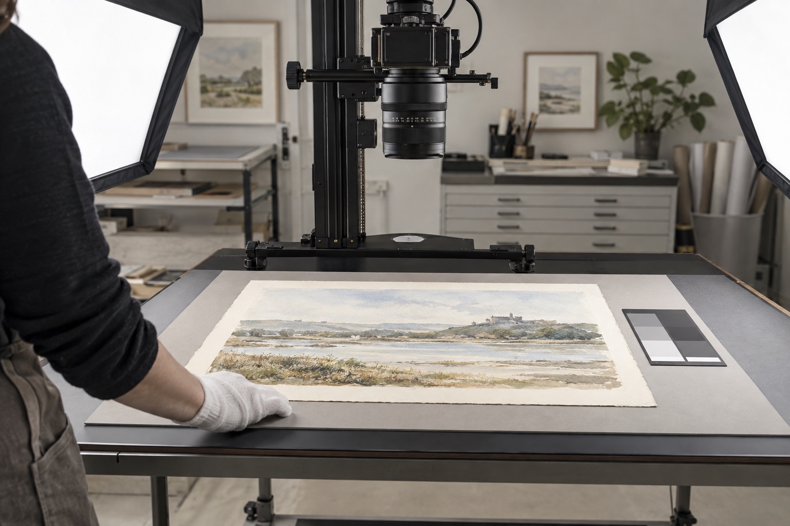 A watercolour being professionally digitised on a studio copy stand with colour calibration card