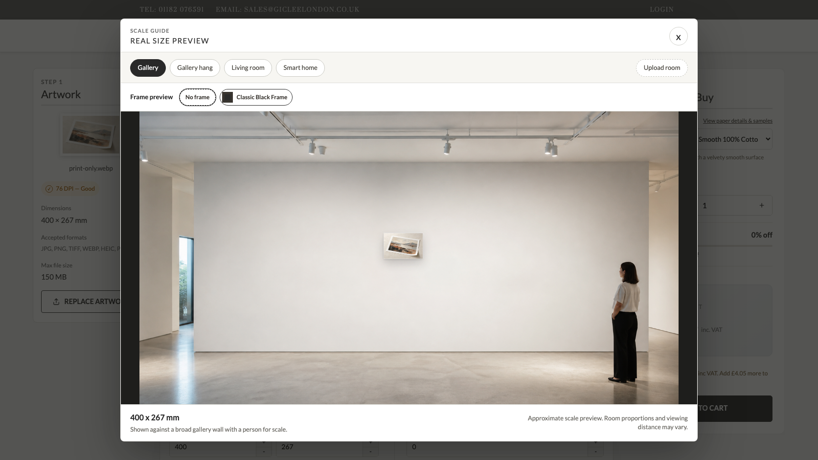 Artwork displayed to scale on a gallery wall in the real-size preview