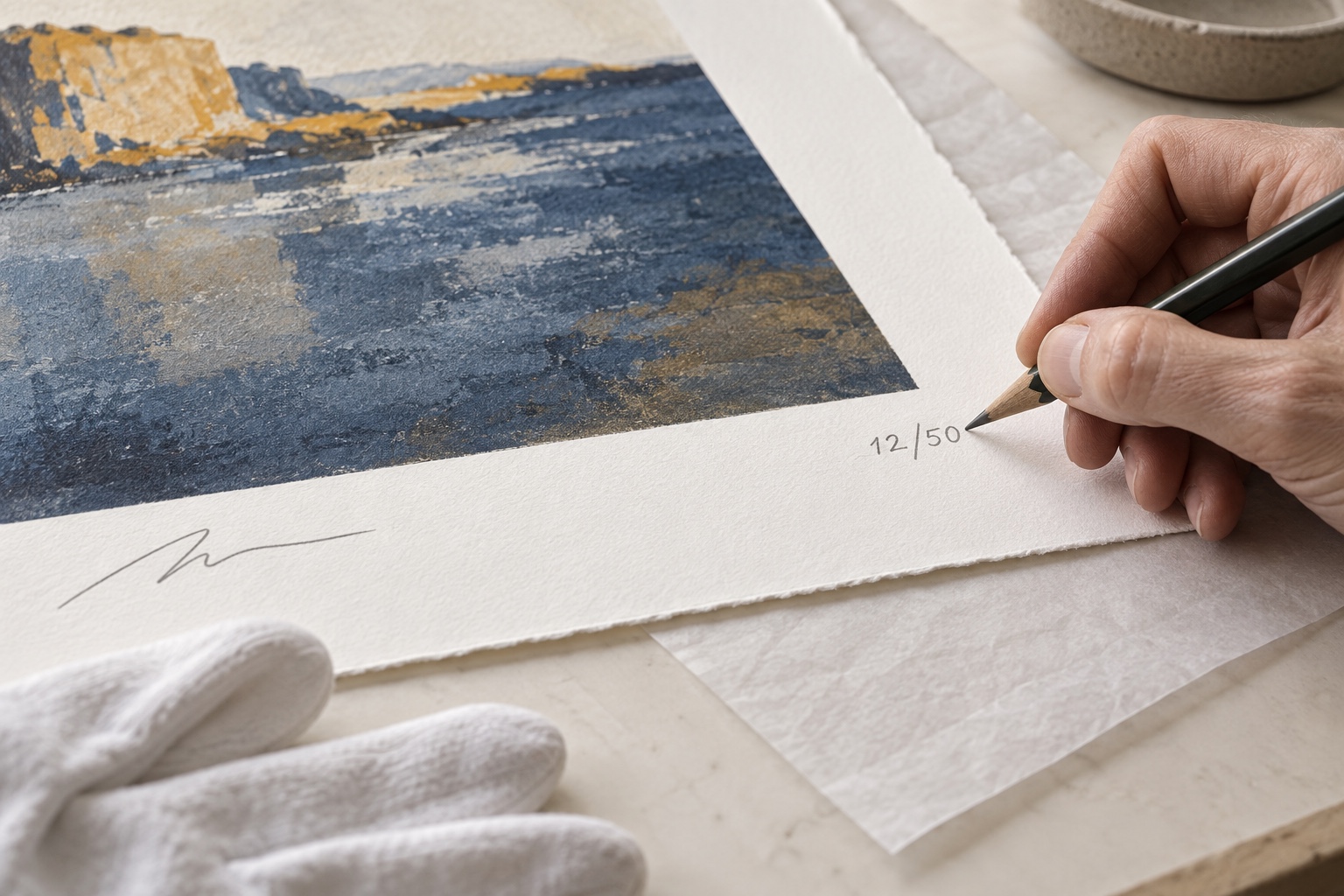 An artist numbering a fine art print 12 of 50 in pencil on its white border